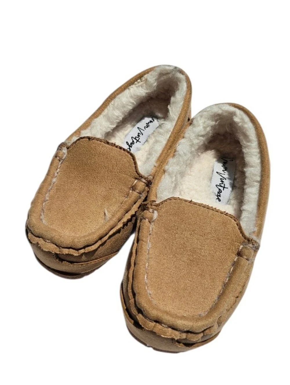 Crown Vintage Kids Tan Faux-Suede Fur Lined Moccasin Slippers Size 9